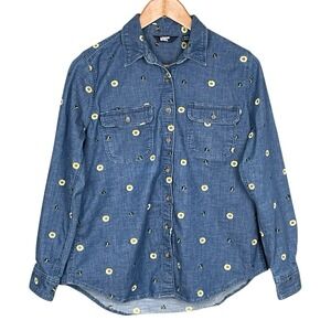 Lands End Bee Flower Embroidered Denim Button Up Shirt Womens S Cottagecore Twee